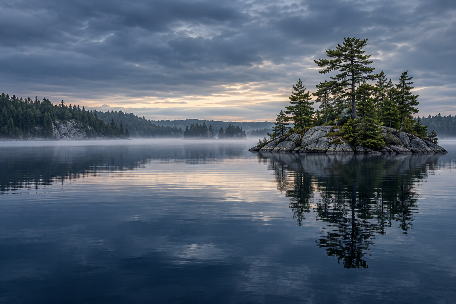Mist drifts over a still Muskoka lake, with pine trees growing from a granite island.